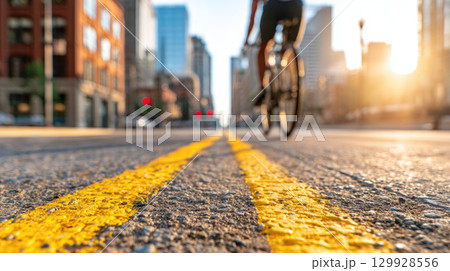 Bicycle on city street with yellow road lines 129928556