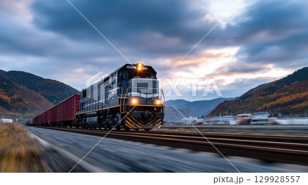 Train with freight cars in motion 129928557