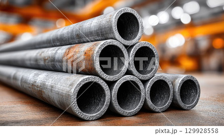Steel industrial pipes stacked 129928558