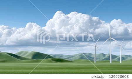 Wind turbines on green hills with dramatic clouds Wind turbines on green hills with dramatic clouds 129928608