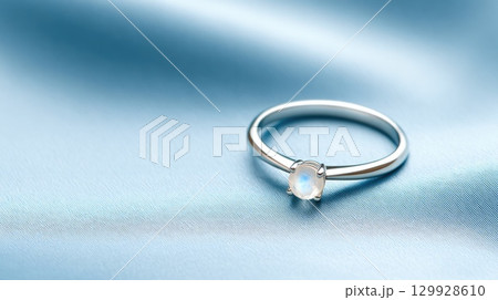Elegant silver ring with moonstone on soft fabric 129928610