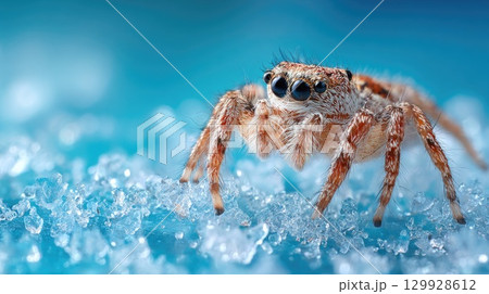 Jumping spider close-up on ice crystals 129928612