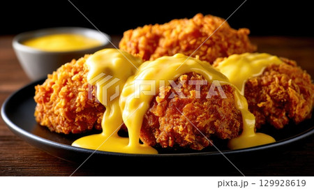 Fried Chicken with Creamy Cheese Sauce on Plate Fried Chicken with Creamy Cheese Sauce on Plate 129928619