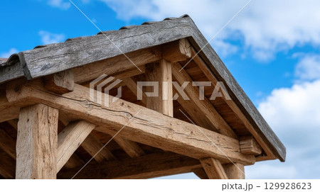 Rustic Wooden Roof with Clear Sky Background 129928623