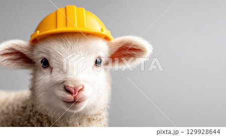 Cute Lamb Wearing Construction Helmet Cute Lamb Wearing Construction Helmet 129928644