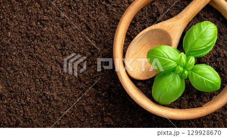 Basil Sprout with Wooden Spoon in Soil 129928670