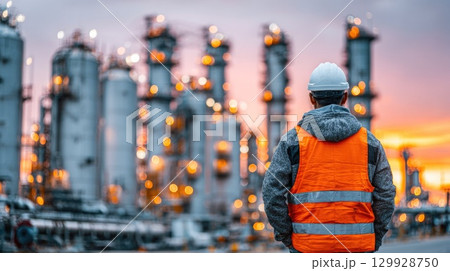 Worker with safety vest at oil refinery during sunset 129928750