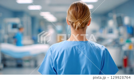 Nurse in Blue Scrubs Standing in Hospital Room Nurse in Blue Scrubs Standing in Hospital Room 129928764