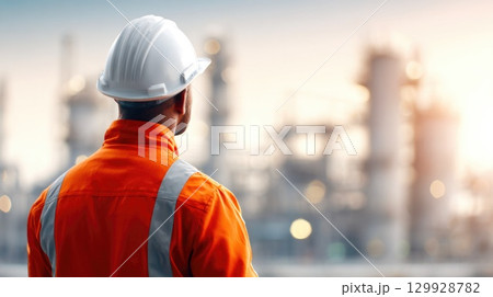 Industrial Engineer Wearing Hard Hat at Oil Refinery Industrial Engineer Wearing Hard Hat at Oil Refinery 129928782