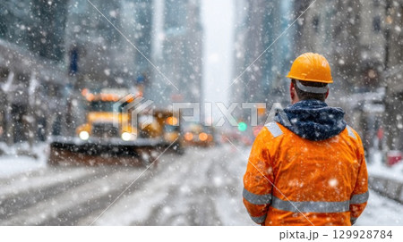 Construction Worker in Snowstorm on Urban Street Construction Worker in Snowstorm on Urban Street 129928784