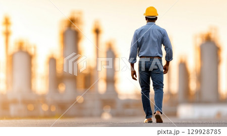 Engineer Walking Toward Refinery at Sunset 129928785