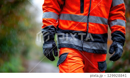 Rescue worker in reflective uniform under rain 129928841