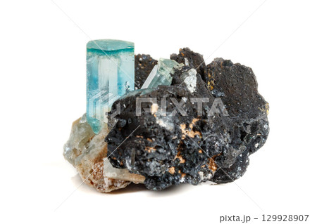 Macro mineral stone Aquamarine and black tourmaline, Schorl on a white background Macro mineral stone Aquamarine and black tourmaline, Schorl on a white background 129928907