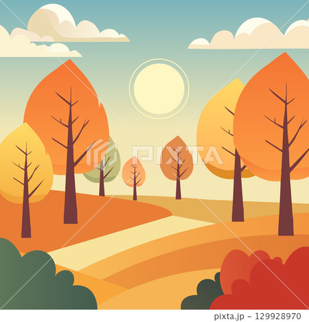 Vector illustration of autumn landscape with orange trees, rural road and sunset sky. Perfect for seasonal backgrounds, posters, banners and invitations. Vector illustration of autumn landscape with orange trees, rural road and sunset sky. Perfect for seasonal backgrounds, posters, banners and invitations. 129928970