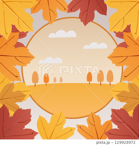 Vector illustration with colorful autumn leaves forming a frame around sunset sky and trees. Perfect for greeting cards, posters, backgrounds and invitations. Vector illustration with colorful autumn leaves forming a frame around sunset sky and trees. Perfect for greeting cards, posters, backgrounds and invitations. 129928972