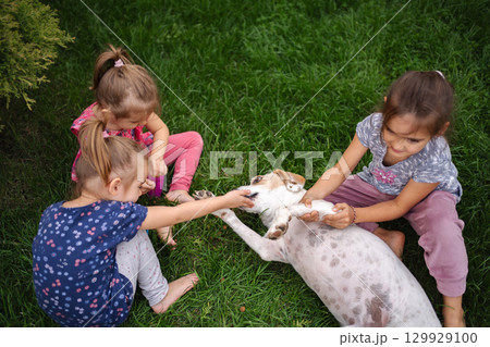 Children playing joyfully with a dog in a lush green garden Children playing joyfully with a dog in a lush green garden 129929100