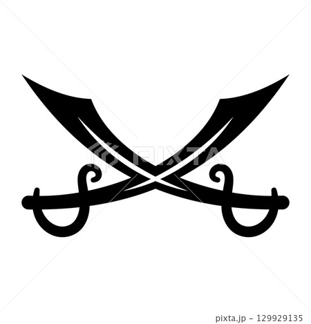 Pirate Crossed Swords Vector Illustration. Two crossed pirate swords, also known as scimitars or cutlasses, forming a bold and stylish symbol. 129929135
