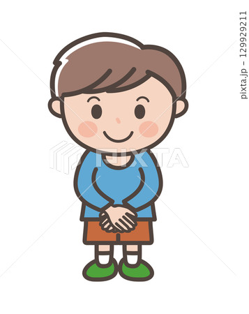 お行儀良く手を前で重ねる男の子の全身イラスト お行儀良く手を前で重ねる男の子の全身イラスト 129929211
