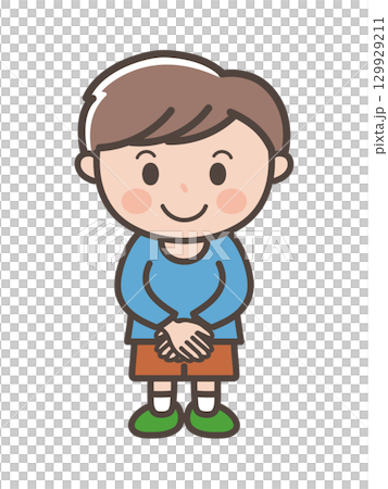 Full-body illustration of a boy politely folding his hands in front of him Full-body illustration of a boy politely folding his hands in front of him 129929211
