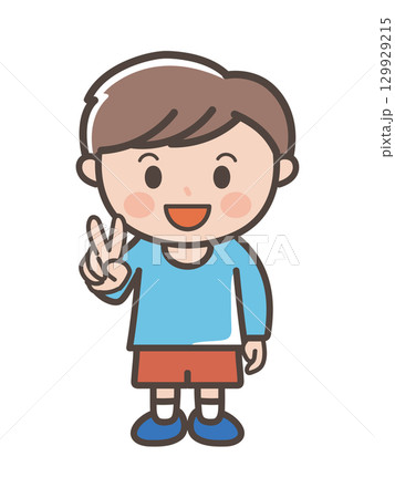 笑顔でピースをする男の子の全身イラスト 129929215
