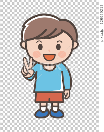 一個微笑男孩做出和平手勢的全身插圖 129929215