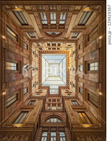 ROME, ITALY - July 30, 2025 Art Nouveau architectural masterpiece in Rome's Galleria Sciarra, featuring frescoes by Giuseppe Cellini celebrating the Glorification of Women 129929367