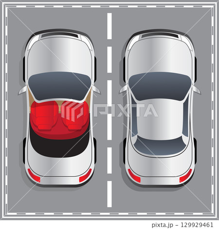 Illustration of two cars. Convertible and sedan. View from above. 129929461