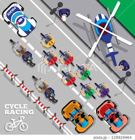 Cyclists group at professional race. View from above. Vector illustration. Cyclists group at professional race. View from above. Vector illustration. 129929464