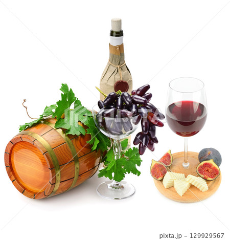 Red Wine with Grapes and Cheese isolated on white background. 129929567