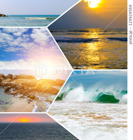 Beautiful Seascapes and Sunsets. Ocean and Beach Landscape Collage. 129929569
