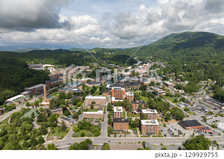 Aerial view of Boone, old historical town in North Carolina Blue Ridge Mountains. Beautiful historic American architecture 129929755