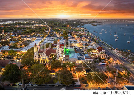 Historical American city architecture. St. Augustine, old city in Florida state at night. Streets and buildings from above 129929793