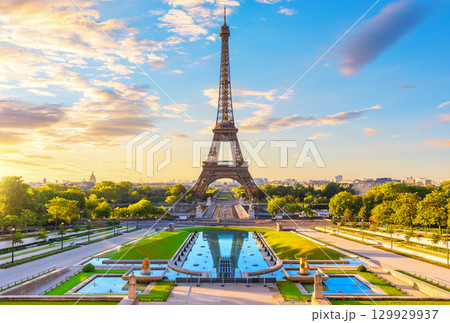 Famous Eiffel Tower in Trocadero Square of Paris, postcard image of France 129929937