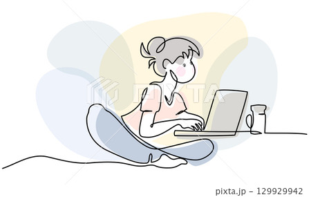 Cute girl working remotely on laptop. Continuous single one line vector drawing Cute girl working remotely on laptop. Continuous single one line vector drawing 129929942