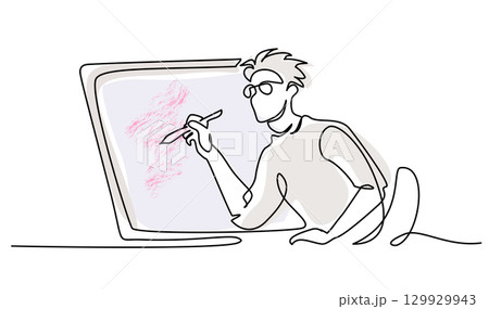 Concept of freelance graphic designer, illustrator, artist, cartoonist. Boy drawing cartoon using tablet and create art Concept of freelance graphic designer, illustrator, artist, cartoonist. Boy drawing cartoon using tablet and create art 129929943