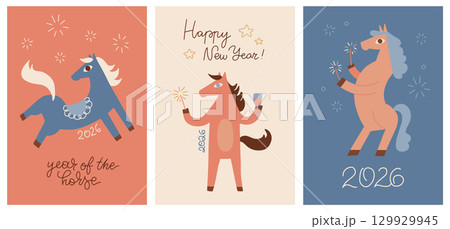 New Year 2026 a4 sized posters set with naive Horse animals. Hand drawn flat vector illustration for greeting cards, party invitation, banner, social media, marketing with quirky celebration horses. 129929945