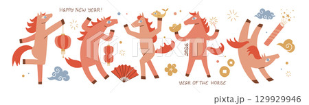 Funny red horses with Chinese new year elements set. Cartoon steeds characters, quirky animals, new year 2026 symbol, chinese horoscope, celebrating stallions. Mustang jumping and dancing. Flat vector Funny red horses with Chinese new year elements set. Cartoon steeds characters, quirky animals, new year 2026 symbol, chinese horoscope, celebrating stallions. Mustang jumping and dancing. Flat vector 129929946