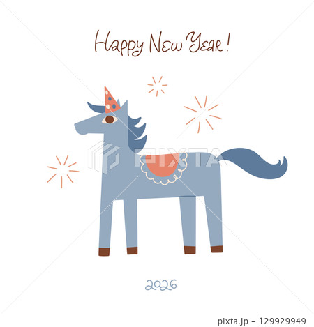 Happy New Year 2026 greeting card template. Cute quirky Chinese zodiac symbol horse in party cap illustration. Cartoon playful lettering. Vector flat hand drawn illustration. 129929949