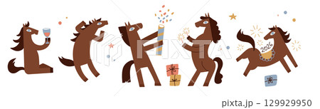 Set with horses party with wine glasses, stars, fireworks, girts. New year 2026 print design collection with quirky animals. Vector flat hand drawn illustration. 129929950