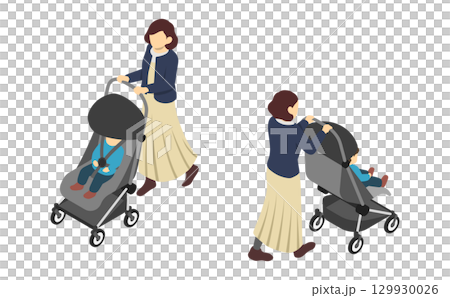 等距插圖：母親推著嬰兒車 129930026