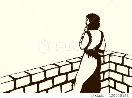 Vector drawing. King David on the roof of palace 129930128