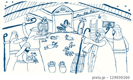 Vector drawing. Men greeting Mary in the barn Vector drawing. Men greeting Mary in the barn 129930160