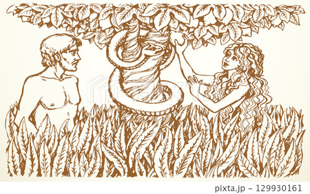 Vector drawing. Adam and Eve at the tree 129930161