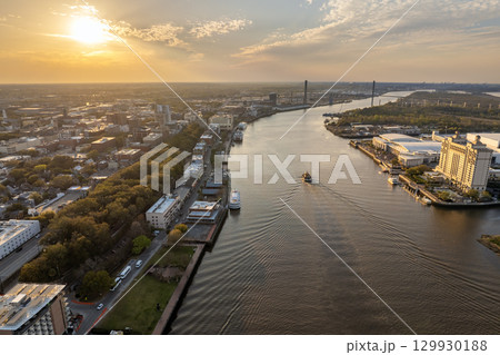 River street in old historical city Savannah in Georgia. Southern USA cityscape at sunset 129930188