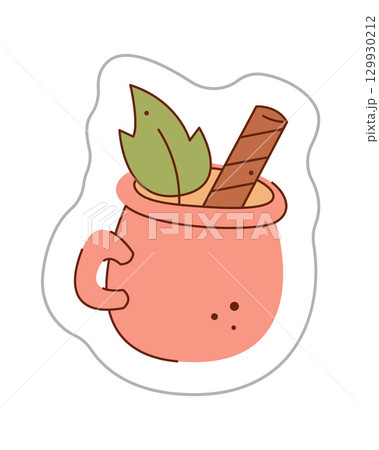 Sticker with mug of hot cocoa. Color hand drawn clipart illustration. 129930212
