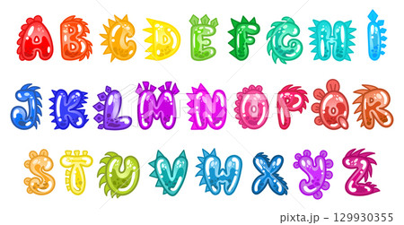 Dino alphabet on white background in cartoon style. Bright colorful letters with dinosaur theme for kids, nursery, posters, birthday cards, wrapping paper, and children t-shirt design. Dino alphabet on white background in cartoon style. Bright colorful letters with dinosaur theme for kids, nursery, posters, birthday cards, wrapping paper, and children t-shirt design. 129930355