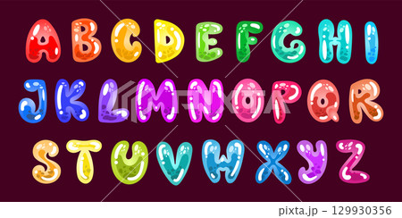 Jelly alphabet vector illustration. Bright multicolored rainbow gummy letters of the English alphabet in cartoon style. Jelly alphabet vector illustration. Bright multicolored rainbow gummy letters of the English alphabet in cartoon style. 129930356