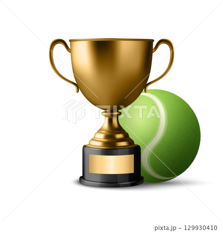 Vector 3d Realistic Golden Trophy Cup Icon with Tennis Ball. Sports Award Illustration for Tennis Tournament, Match Victory, Champion Prize, Sports Event Design, Competition Reward, Winner Concept Vector 3d Realistic Golden Trophy Cup Icon with Tennis Ball. Sports Award Illustration for Tennis Tournament, Match Victory, Champion Prize, Sports Event Design, Competition Reward, Winner Concept 129930410