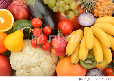 Colorful and Healthy Fruits and Vegetables. Vibrant Healthy Food Background Colorful and Healthy Fruits and Vegetables. Vibrant Healthy Food Background 129930431