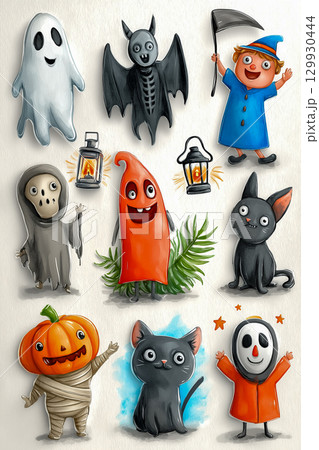 かわいい＆ちょっと怖い　カードやバナーに使える ハロウィンキャラコレクション 129930444